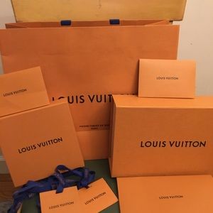 Louis Vuitton boxes, cards, ribbon envelope and large bag